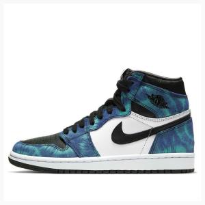 Nike High OG Tie Dye Basketskor Air Jordan 1 Dam Vita Svarta Blå | JD-034CP