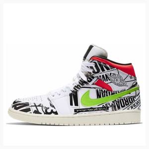 Nike Mid All-Over Logos Basketskor Air Jordan 1 Herr Svarta Vita Röda Gröna | JD-613HW