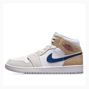 Nike Mid Basketskor Air Jordan 1 Herr Vita Blå Beige | JD-642QD