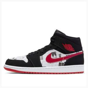 Nike Mid SE Newspaper Air Times Basketskor Air Jordan 1 Herr Svarta Vita Röda | JD-649AH