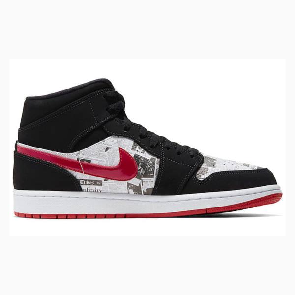 Nike Mid SE Newspaper Air Times Basketskor Air Jordan 1 Herr Svarta Vita Röda | JD-649AH