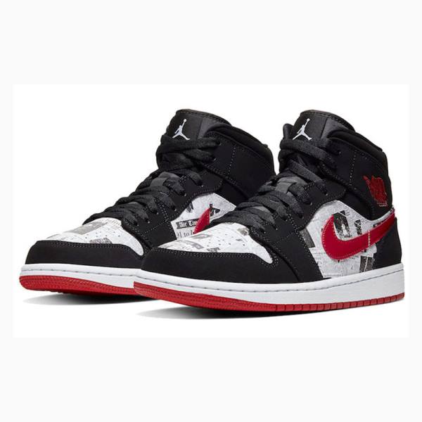 Nike Mid SE Newspaper Air Times Basketskor Air Jordan 1 Herr Svarta Vita Röda | JD-649AH